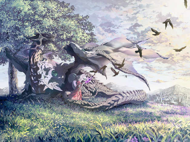 Обои картинки фото аниме, angels, demons, девушка, дракон, птицы, лес, деревья, зонт, шляпа, магия, небо, облака, трава