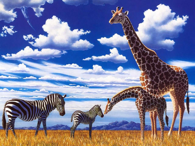 Обои картинки фото рисованные, животные, жираф, зебра, африка, природа, экзотика