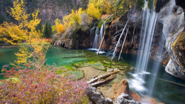 Картинка природа водопады озеро hanging lake скалы деревья