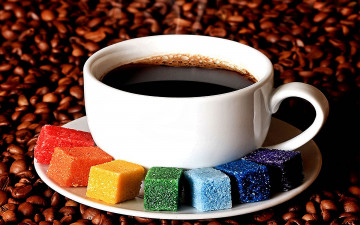 обоя еда, кофе, кофейные, зёрна, чашка, зерна, разноцветный, сахар