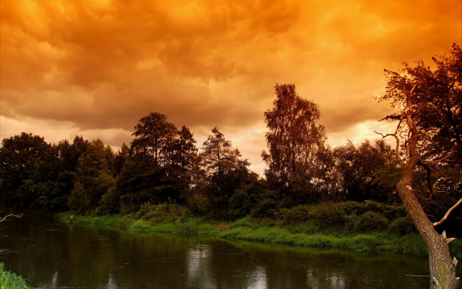 Обои картинки фото природа, реки, озера, река, деревья, багровое, небо