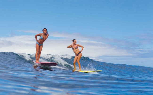 Обои картинки фото спорт, серфинг, мальдивы, сёрфинг, тропики, девушки