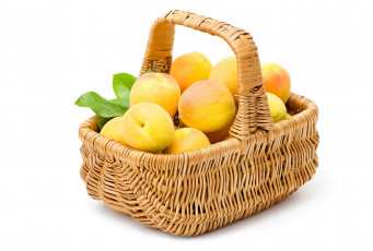 обоя еда, персики,  сливы,  абрикосы, корзина, листья, абрикос