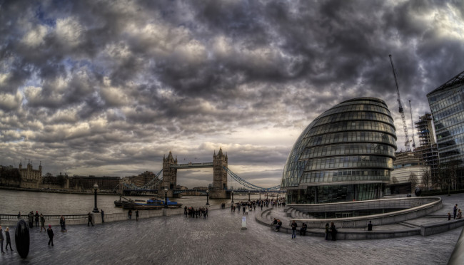 Обои картинки фото london town hall,  tower bridge & tower of london, города, лондон , великобритания, здания, мост, набережная, река