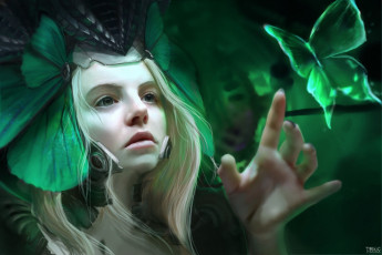 Картинка фэнтези девушки бабочка лицо девушка арт шлем зелень