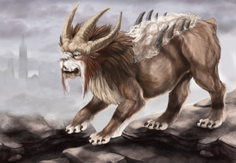 Картинка фэнтези существа монстр Чудовище шерсть шипы рога лев