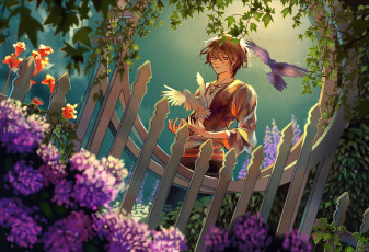 Картинка аниме животные +существа голуби сад aliya chen плющ art alisa miller забор гортензия калитка парень