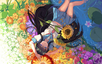 Картинка аниме unknown +другое цветы форма подсолнухи haraguroi you вода девушка арт школьница