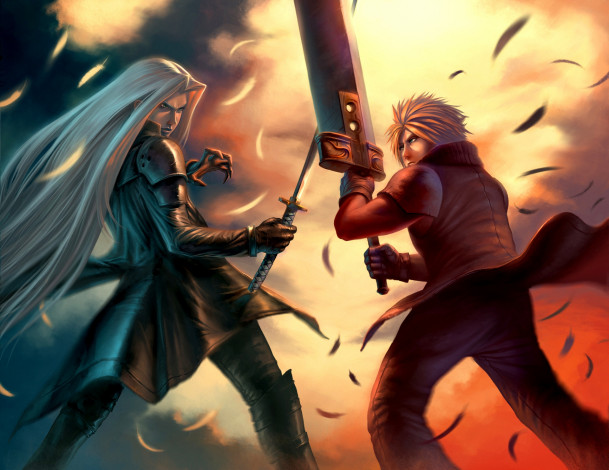 Обои картинки фото аниме, final fantasy, бой, cloud, сражение, оружие, strife, меч, sephiroth, воин