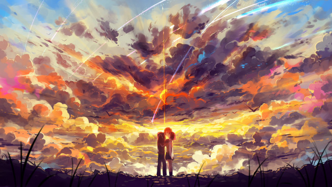 Обои картинки фото аниме, kimi no na wa, небо, tachibana, taki, двое, школьники, форма, haraguroi, you, kimi, no, na, wa, арт, парень, miyamizu, mitsuha, закат, облака, поцелуй, птицы, девушка