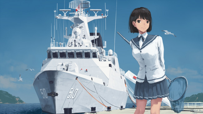 Обои картинки фото аниме, оружие,  техника,  технологии, корабль, девушка