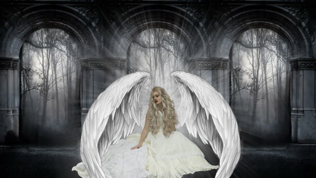 Обои картинки фото фэнтези, ангелы, крылья, платье, фон, девушка