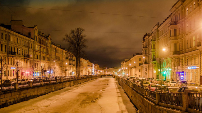Обои картинки фото города, санкт-петербург,  петергоф , россия, огни, грибоедов, канал, зима, 9