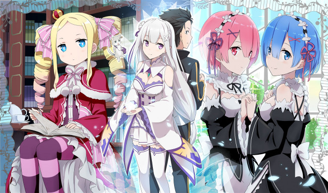 Обои картинки фото аниме, re,  zero kara hajimeru isekai seikatsu, emilia, ram, библиотека, девочка, парень, горничные, puck, сёстры, книги, rem, beatrice, дух, subaru, natsuki, демоны