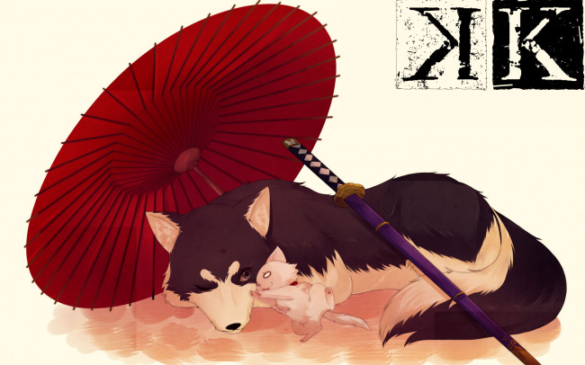 Обои картинки фото аниме, k project, собаки, зонт