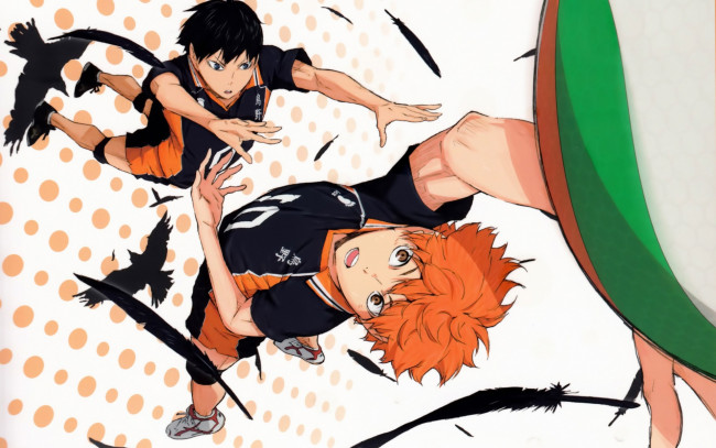 Обои картинки фото аниме, haikyuu, art, парни, рыжий, спортивная, форма, подача, мяч, tobio, kageyama, вороны, перья, shouyou, hinata, haruichi, furudate