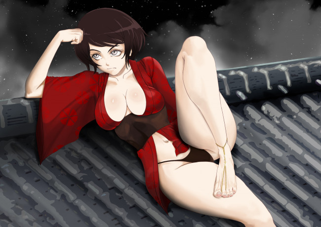 Обои картинки фото аниме, red ninja, кимоно, девушка, фон, крыша