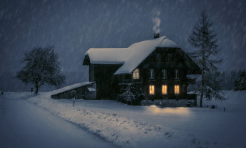 Картинка города -+здания +дома зима дом ночь снег romantic winter evening
