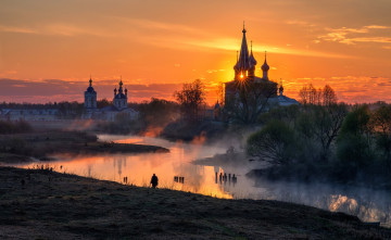 обоя города, - пейзажи, дунилово, россия, храм, утро, село, рассвет, туман