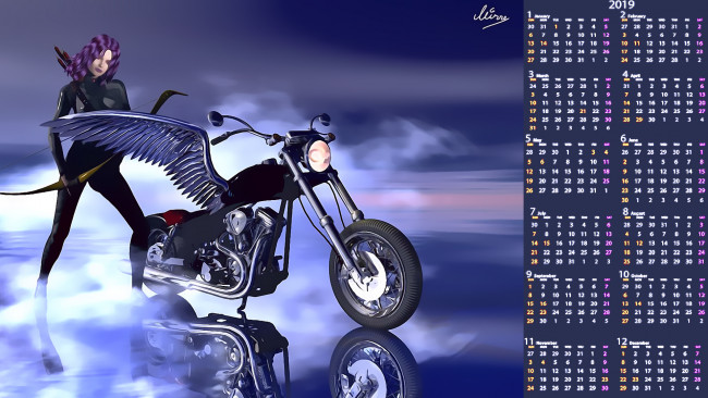 Обои картинки фото календари, 3д-графика, лук, крылья, девушка, мотоцикл