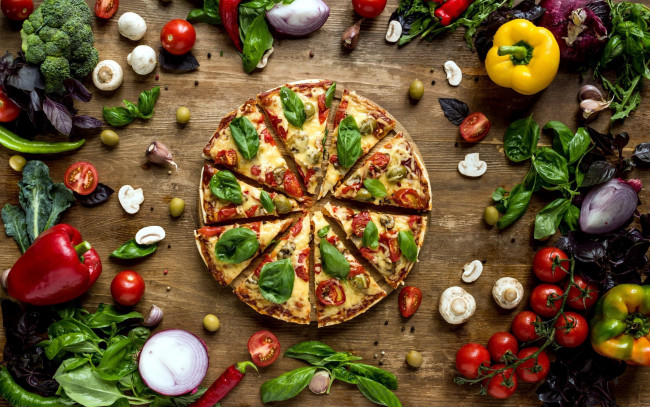 Обои картинки фото еда, пицца, перец, базилик