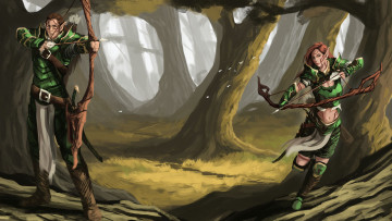 Картинка фэнтези эльфы девушка мужчина фон взгляд униформа лук стрела