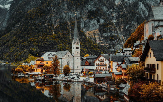 Обои картинки фото города, гальштат , австрия, горы, озеро, отражение, осень