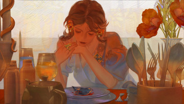 Картинка рисованное люди девушка тарелка птица приборы цветы
