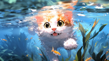 Картинка рисованное животные +коты кот озеро рыбки водоросли