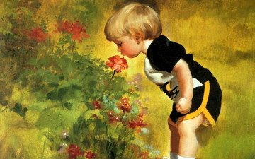 обоя рисованное, donald zolan, ребенок, мальчик, цветы