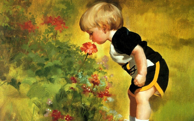 Обои картинки фото рисованное, donald zolan, ребенок, мальчик, цветы