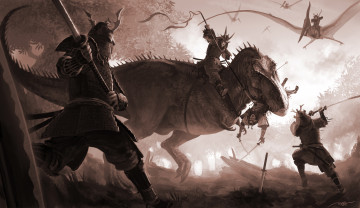 Картинка фэнтези существа самураи динозавры
