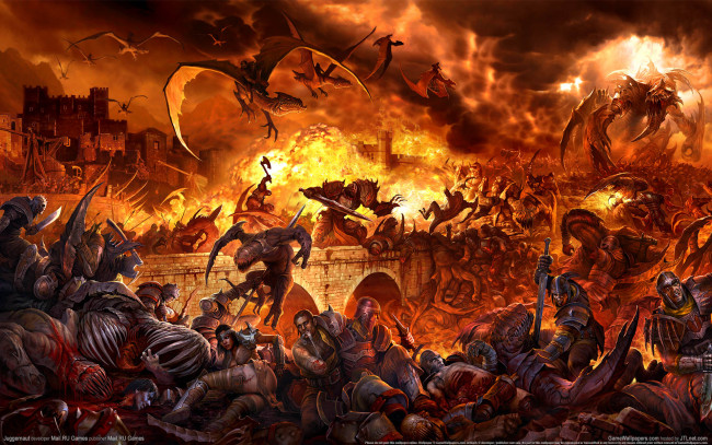 Обои картинки фото juggernaut, видео, игры, сражение, люди, замок, крепость, драконы, огонь, пламя, монстры, чудовища