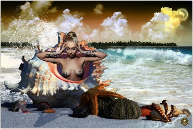 Обои картинки фото фэнтези, девушки, море, раковина, девушка