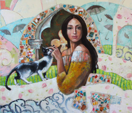 Картинка марианна+калачева рисованные люди узоры завитки арка зонтики краски мозаика кошка девушка