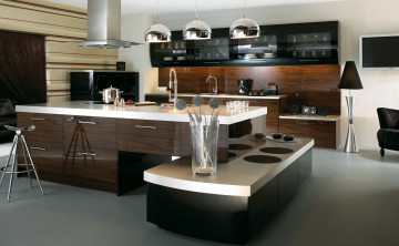 Картинка интерьер кухня дизайн посуда шкаф мебель стул плита стол
