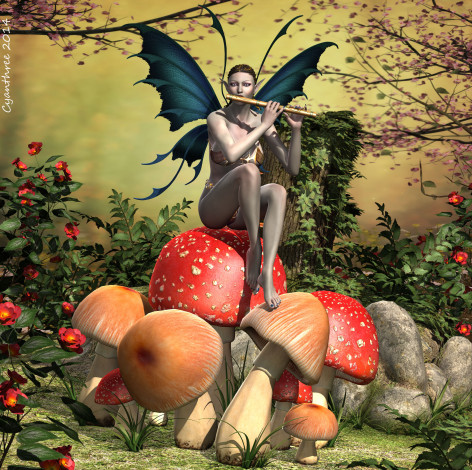 Обои картинки фото 3д графика, elves , эльфы, цветы, лес, эльфийка, крылья, грибы
