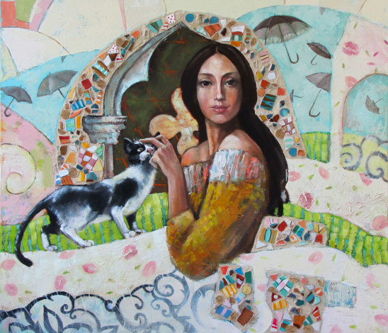 Обои картинки фото марианна калачева, рисованные, люди, узоры, завитки, арка, зонтики, краски, мозаика, кошка, девушка