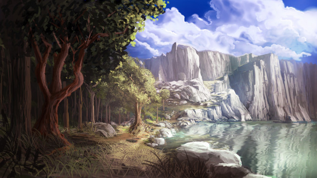 Обои картинки фото рисованные, природа, озеро, скалы, деревья, облака, горы, лес