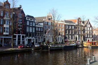 обоя города, амстердам , нидерланды, канал, баржа