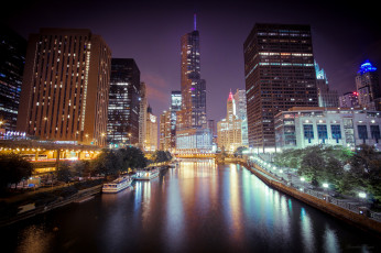 обоя города, Чикаго , сша, Чикаго, chicago, иллиноис, город, река, небоскребы, ночь, огни