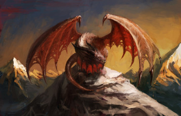 Картинка фэнтези драконы горы хвост когти небо взгляд крылья рога красный дракон пасть