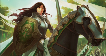 Картинка фэнтези девушки лошадь воительница девушка взгляд фон щит