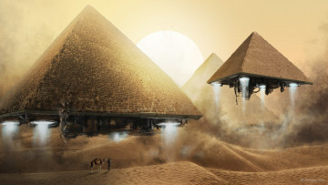 Картинка фэнтези космические+корабли +звездолеты +станции верблюд корабли взлёт человек пирамиды пустыня арт