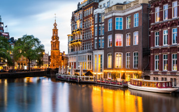 обоя города, - улицы,  площади,  набережные, теплоход, здания, набережная, канал, монетная, башня, нидерланды, амстердам, amsterdam, munt, tower, netherlands