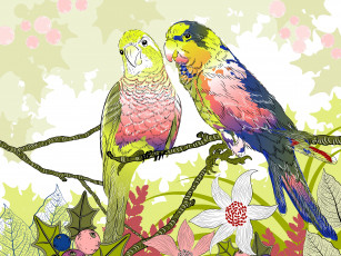 Картинка векторная+графика птицы+ птицы попугаи веточки цветы природа