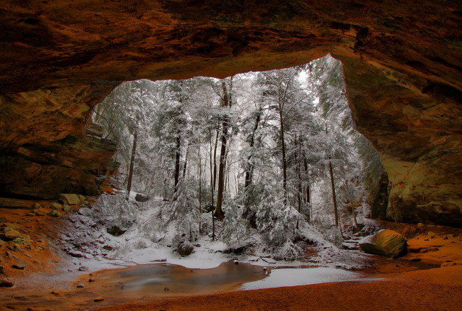 Обои картинки фото природа, лес, винтон, арка, скала, деревья, зима, снег, огайо, сша