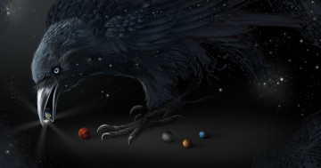 Картинка фэнтези существа арт черный ворон планеты птица клюв