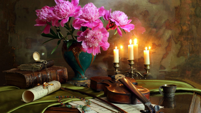 Обои картинки фото музыка, -музыкальные инструменты, свечи, скрипка, пионы