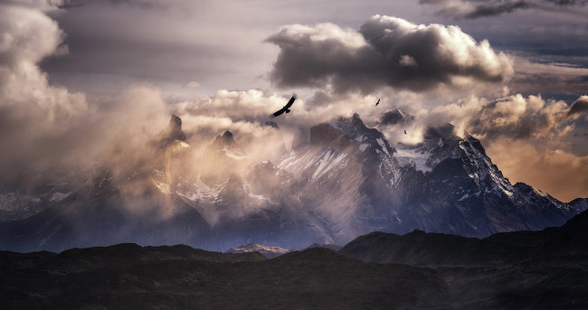 Обои картинки фото природа, горы, южная, америка, облака, небо, птицы